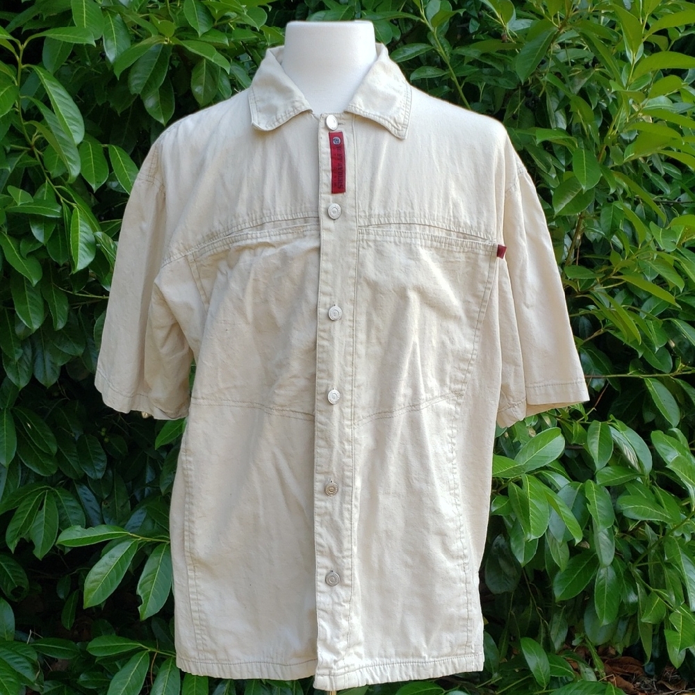 Vintage Ruff Ryders Dirty Denim Beige Short Sleeve Button-Up Shirt Logo 2XL